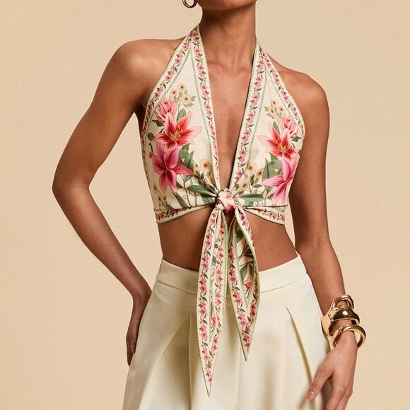 Multicolor Boho Women's Halter Neck Floral Print Blouse - Picture 5 of 7